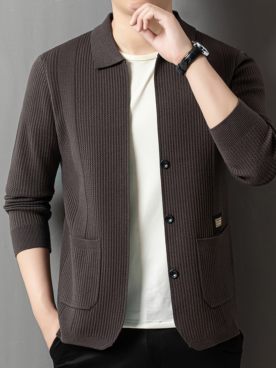 Men'S Spring Autumn Lapel Knit Jacket Cardigan - Coffee Color