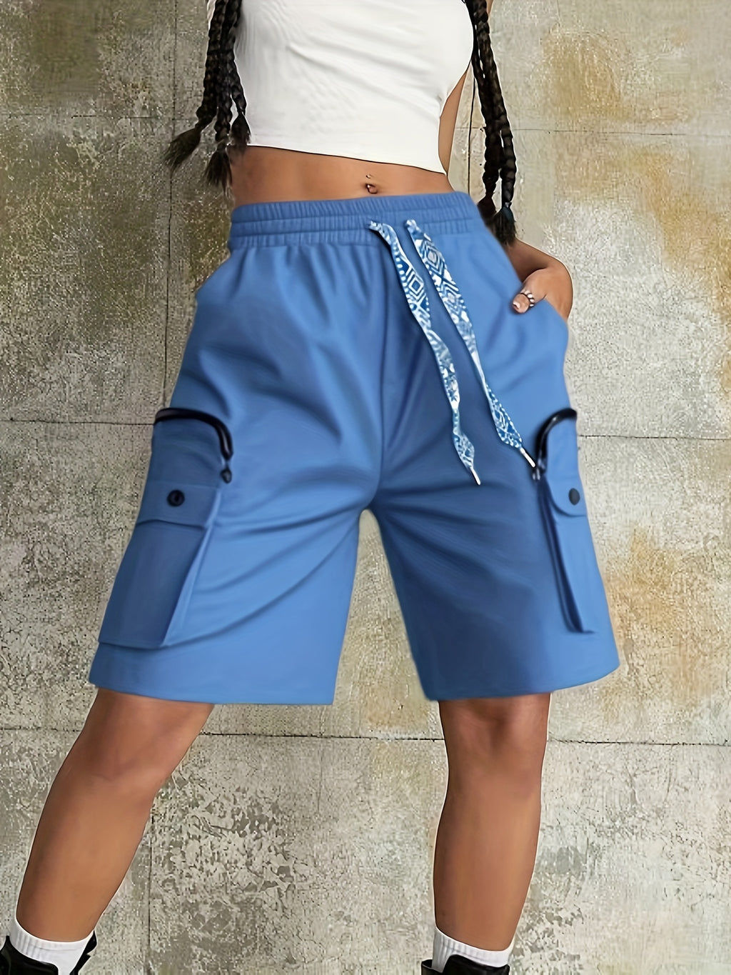 Multi-Pocket Casual Versatile Cargo Pants Elastic Waistband Beach Pants - Vibrant Blue