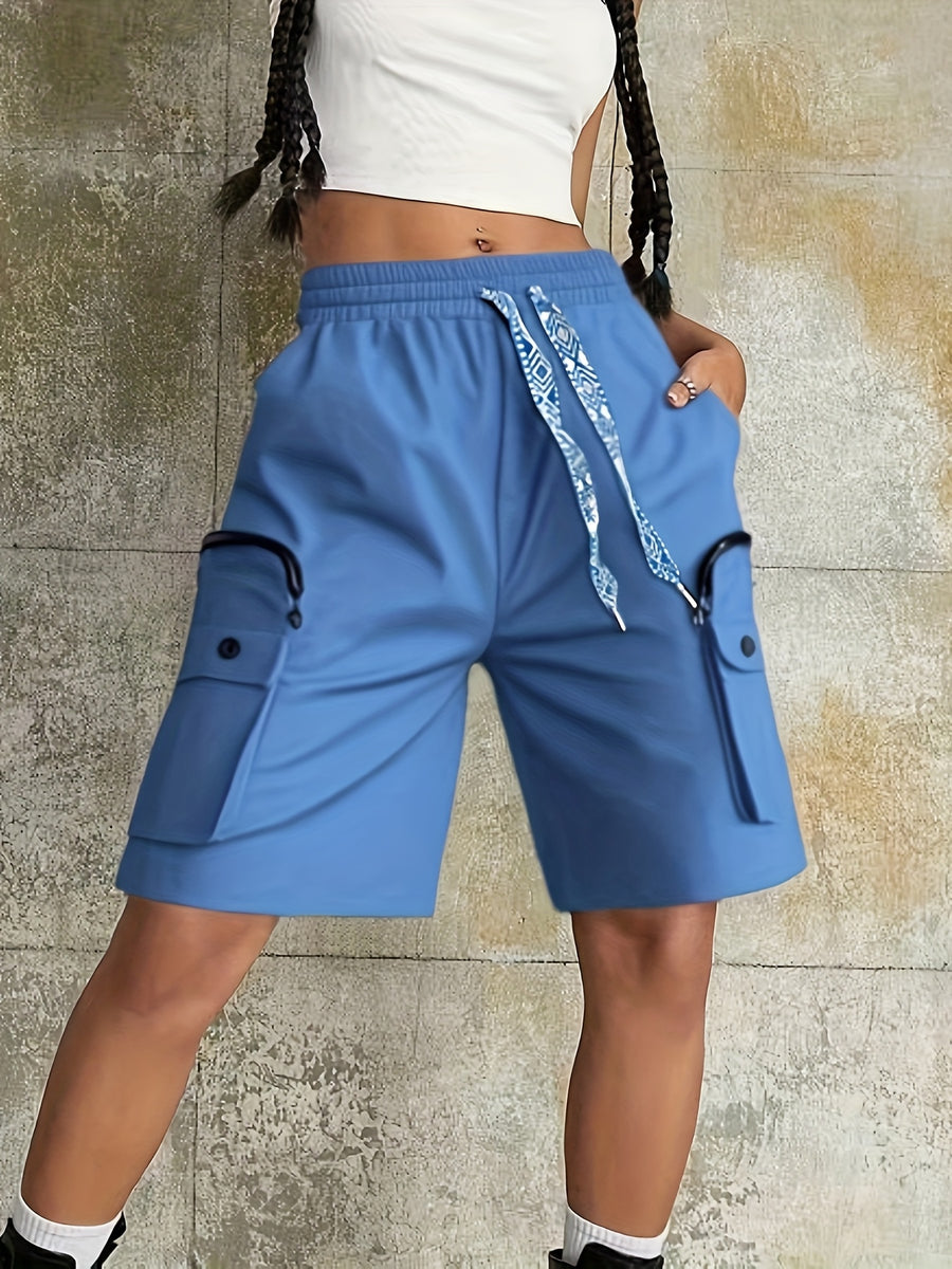 Multi-Pocket Casual Versatile Cargo Pants Elastic Waistband Beach Pants - Vibrant Blue