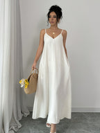 1pc White V-Neck Long Sleeve Maxi Dress, Solid Color Summer Casual Cami Dress - White