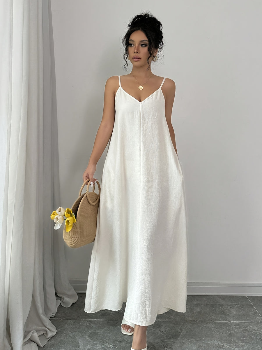 1pc White V-Neck Long Sleeve Maxi Dress, Solid Color Summer Casual Cami Dress - White