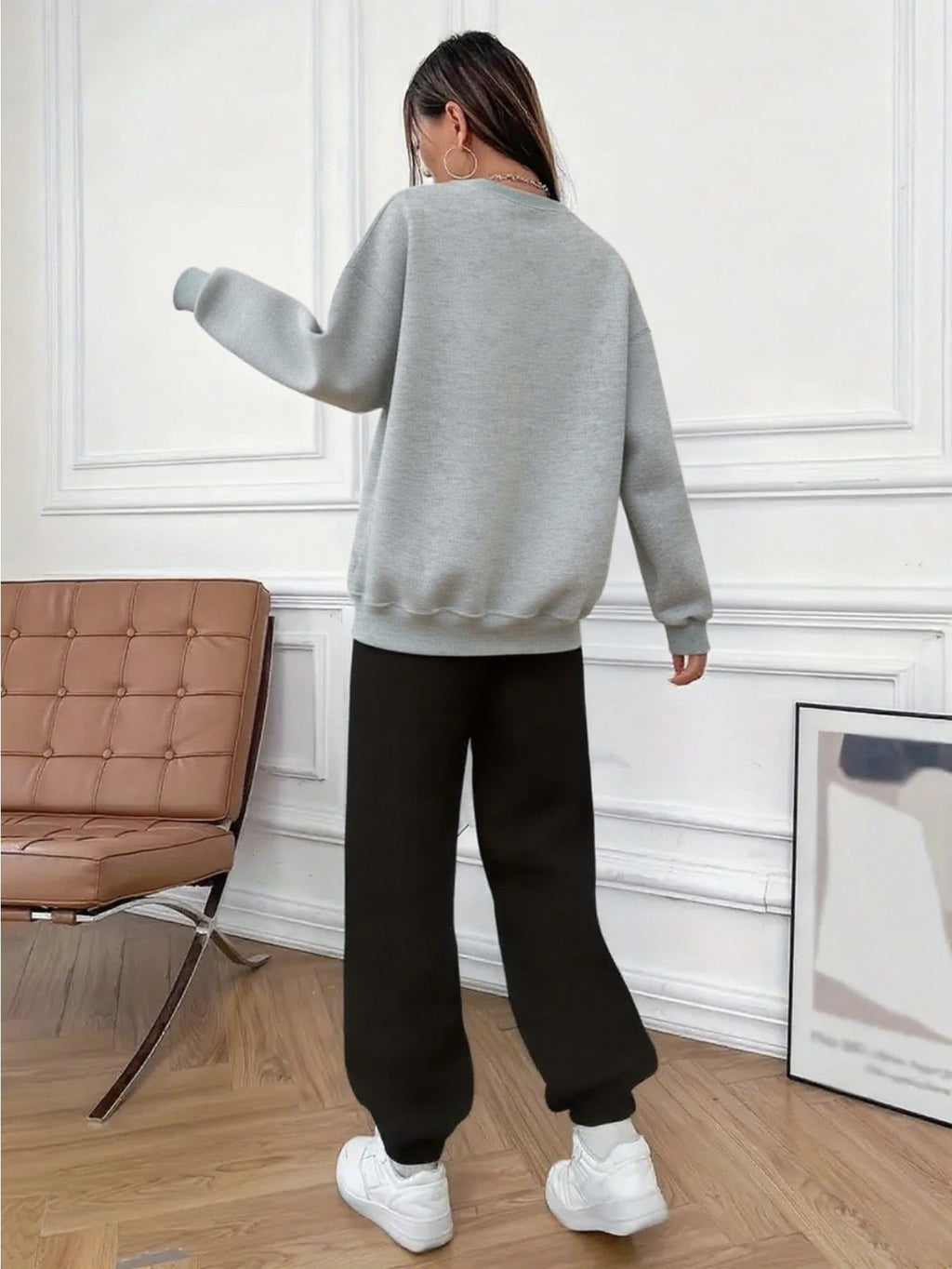 Halloween Christmas Autumn Winter New Style: Women'S Exquisite Casual Sports Fleece Sweatshirt 2pcs Set, Easy Cool Printed Theme Pattern - Comfortable Round Neck Sports Top And Joggers with Side Pockets - Ash
