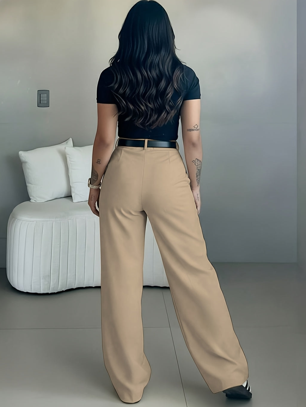 Elegant Easy Design Flare Pants for Women | Chic Solid Color, Suitable for Commuting, Office, and Casual Attire Not Included (excluding Belt) - Khaki
