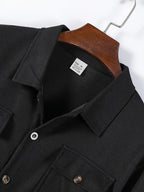 Pearson OBM Men's Casual Sport Jacket, American Vintage Waffle Texture Lapel Work Shirt Jacket, Men's Double Pocket Wood Button Loose Fit Casual Long Sleeve Shirt, Versatile Cardigan Jacket for Spring and Autumn - Black