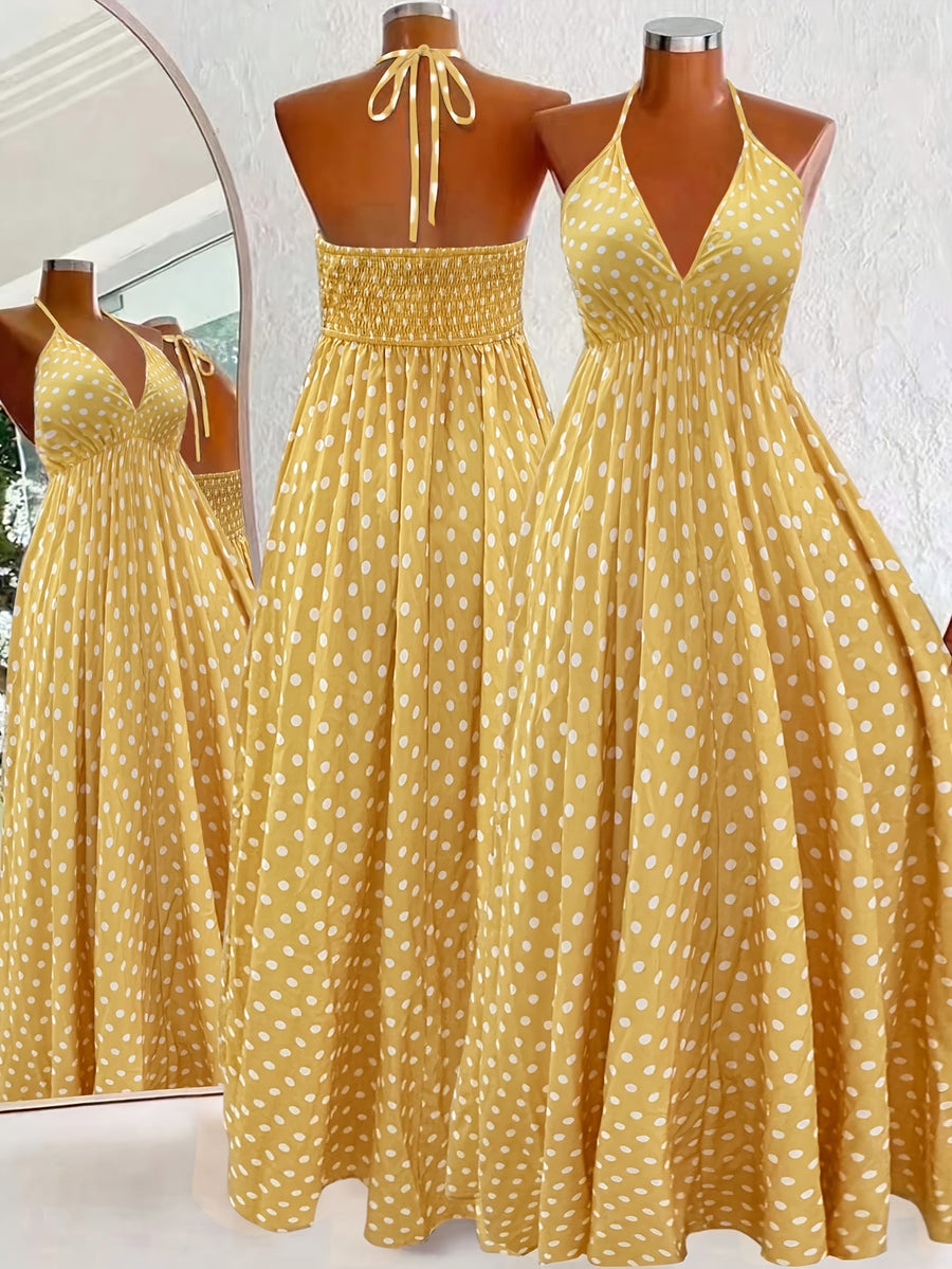 Bohemian Style Printed Long Camisole Dress with Tie-up Halter Neck, Wrap-around Detail, and Flared Hem for Beach Vacation - Yellow