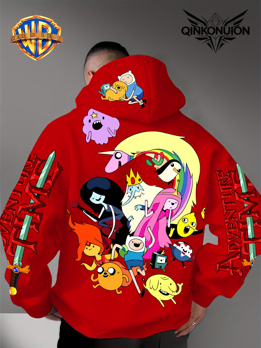Warner Official Men's Hooded Sweatshirt, Adventure Treasure Colorful All Party Carnival Gathering Print Design, Machine Washable, Warm and Casual for Autumn and Winter, Daily Drawstring Hooded Sweatshirt, Multifunctional Sports and Leisure Loose Fit - Red