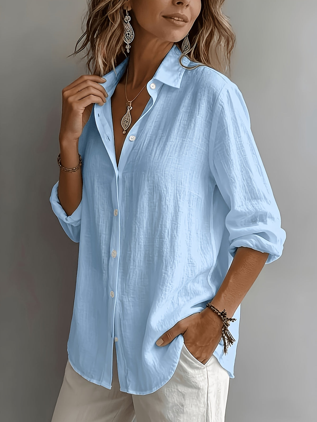 Women's Elegant Lapel Shirt, Loose Straight Fit with Long Sleeves, Lightweight, Comfortable, and Breathable Fabric, Versatile for Commuting and Casual Wear, Loose Straight Cut Flattering Design, Daily Comfortable and Relaxed Style - Sky Blue