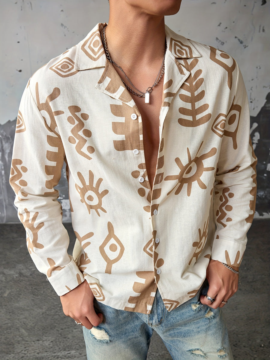Men'S Casual Vacation Travel Style Fashion Abstract Pattern Shirt, Lightweight Loose Long Sleeve, Material, Comfortable Commuter Top - Apricot