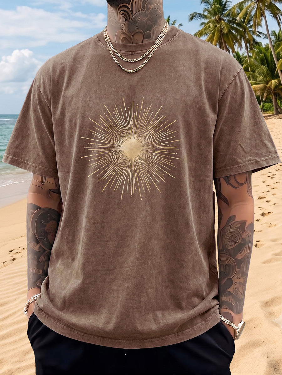 Men's Short-Sleeve T-Shirt, Pure Cotton, Loose Fit, Washed and Distressed, Sunburst Starlight Pattern, Trendy Reverse Double-Sided Print, Multiple Colors for Mix and Match, American Streetwear Hip-Hop High Street Top, for Daily Outings - Brown