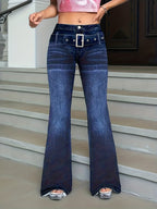 Gleya 2026 New Women'S Blue Washed Stretch Micro-Flare Jeans, Metal Belt Design Creates Retro Details, Flare Leg Shape Modifies Leg Shape, Durable And Not Easy to Loosen Or Fade, Does Not Constrict The Waist Or Crotch, Suitable for Daily Commuting - Medium Blue