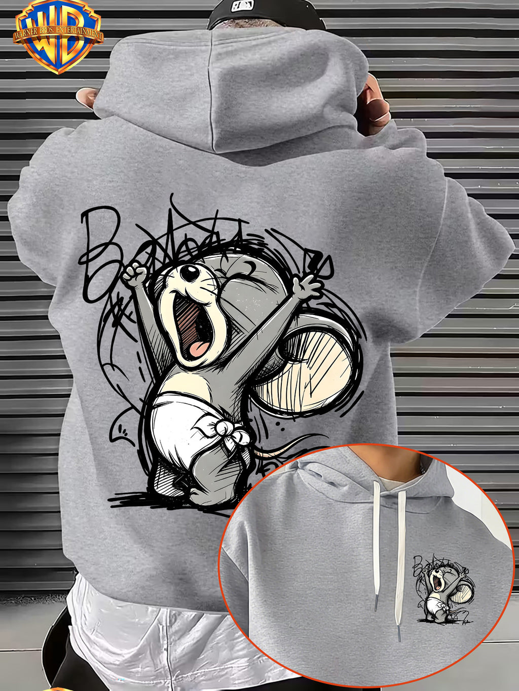 Licensed by Warner Bros., Sketch Style Cute Young Animals, Exuberant Cheering Expression with Casual Graffiti Art Letter Trendy Cool Print Men'S Fashion Hooded Sweatshirt, Sleeve Print Design, Kangaroo Pouch, Drawstring Hood - Light Grey