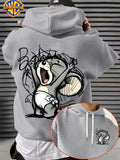 Licensed by Warner Bros., Sketch Style Cute Young Animals, Exuberant Cheering Expression with Casual Graffiti Art Letter Trendy Cool Print Men'S Fashion Hooded Sweatshirt, Sleeve Print Design, Kangaroo Pouch, Drawstring Hood - Light Grey