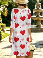 Pink White Hearts Women'S Fall Winter V-Neck Slit Dress, Casual Gift for Party, Elegant Business Commute, Figure-Flattering Trendy Digital Print - Multicolor