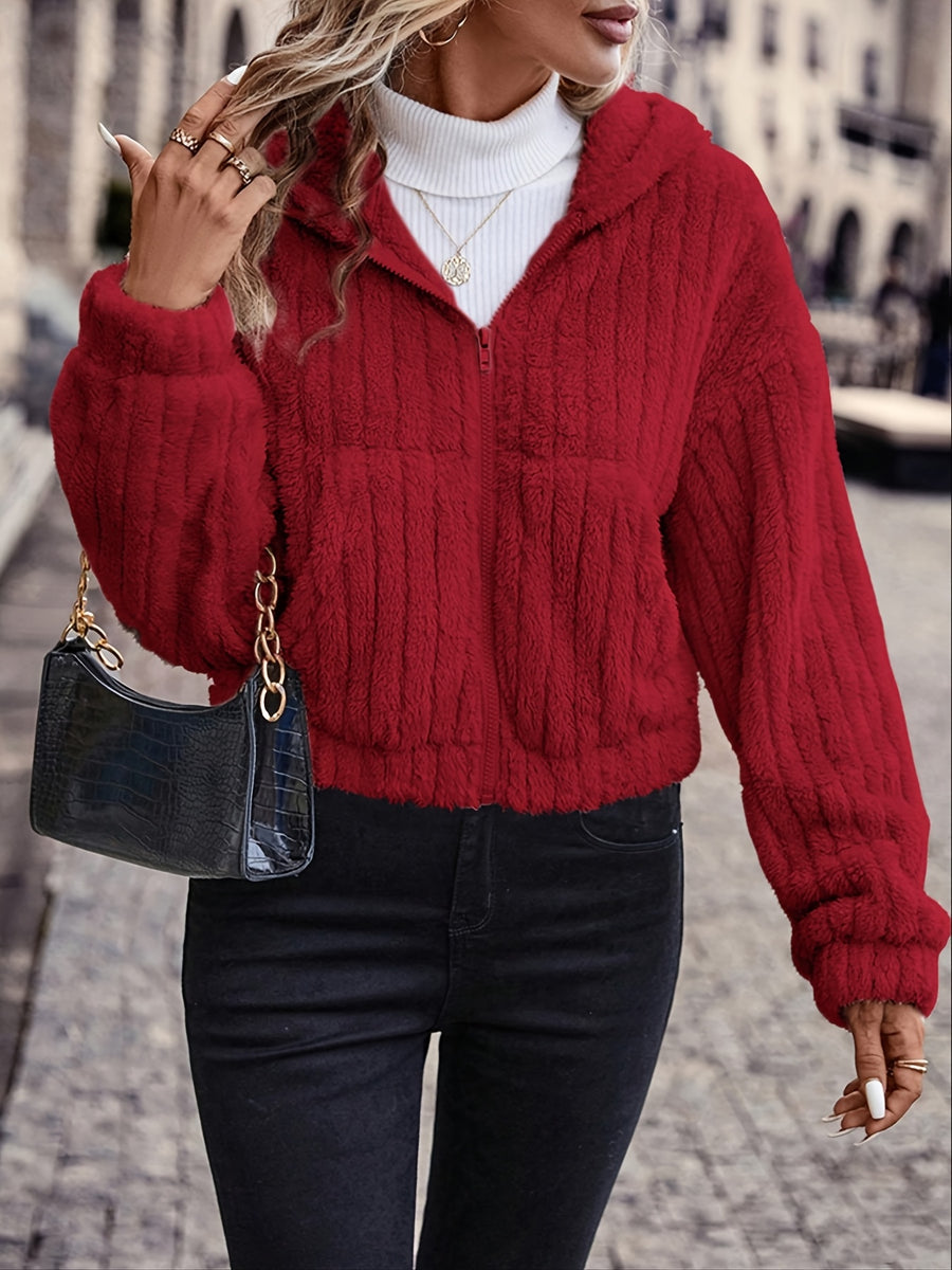 Solid Color Double-Sided Plush Zipper Hooded Cardigan, Women's Casual Plush Coat for Autumn and Winter - Brick Red