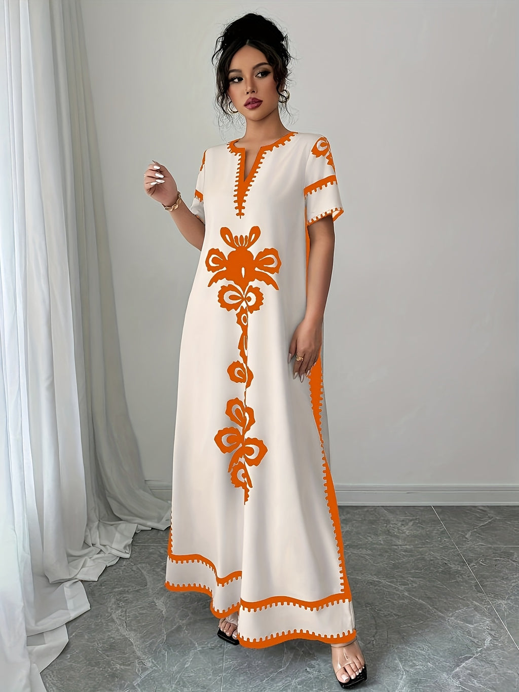 Middle Eastern Ramadan Themed Elegant Spring And Summer Party Dress with a V-Neck Short Sleeves And Paisley Print - Orange