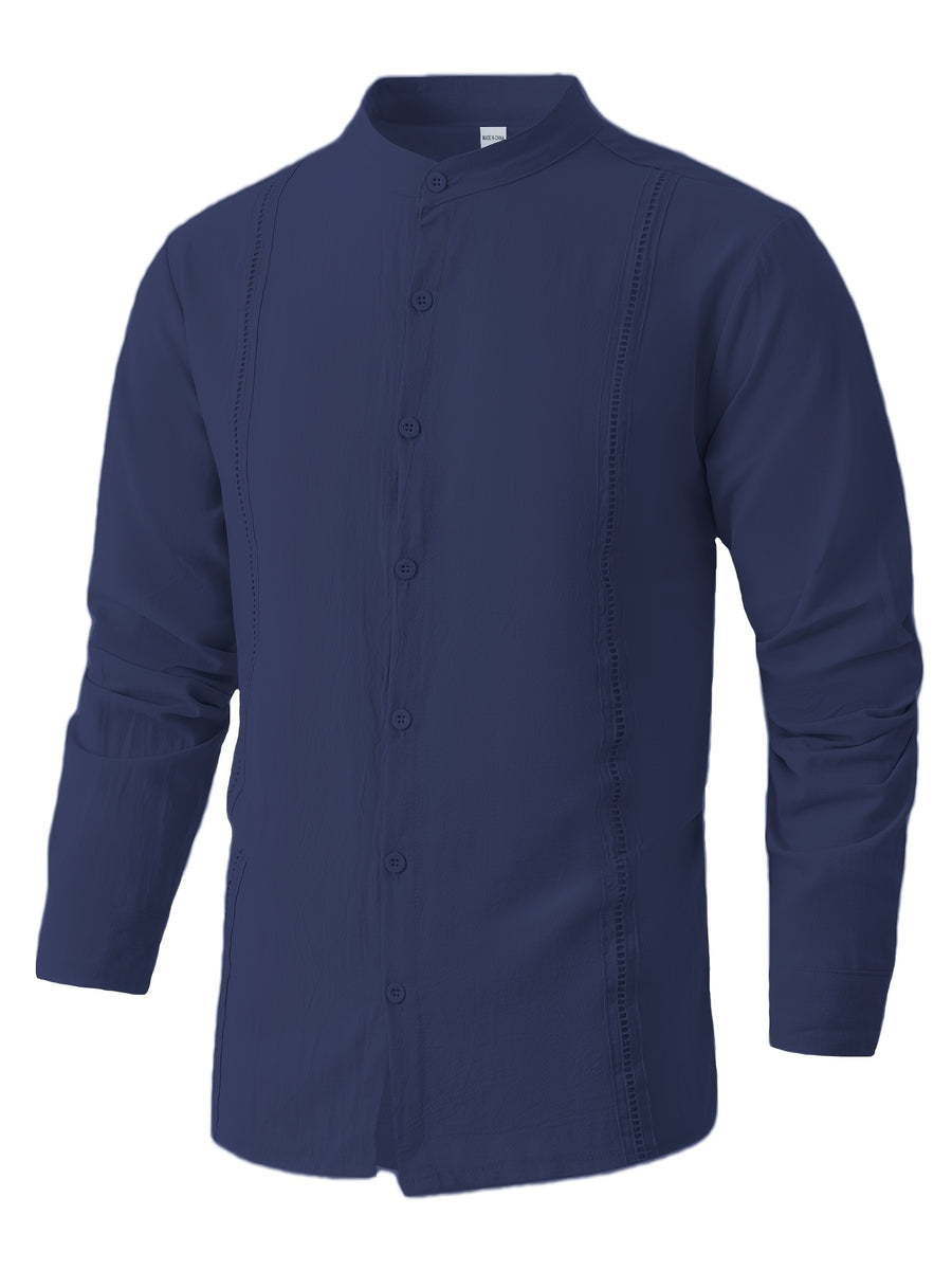 [Mai Qiqi OBM] Men'S Beach Vacation Shirt Stand-Up Collar Linen Lace Texture Long-Sleeved Top Light And Breathable Summer Vacation Outfit - Navy Color