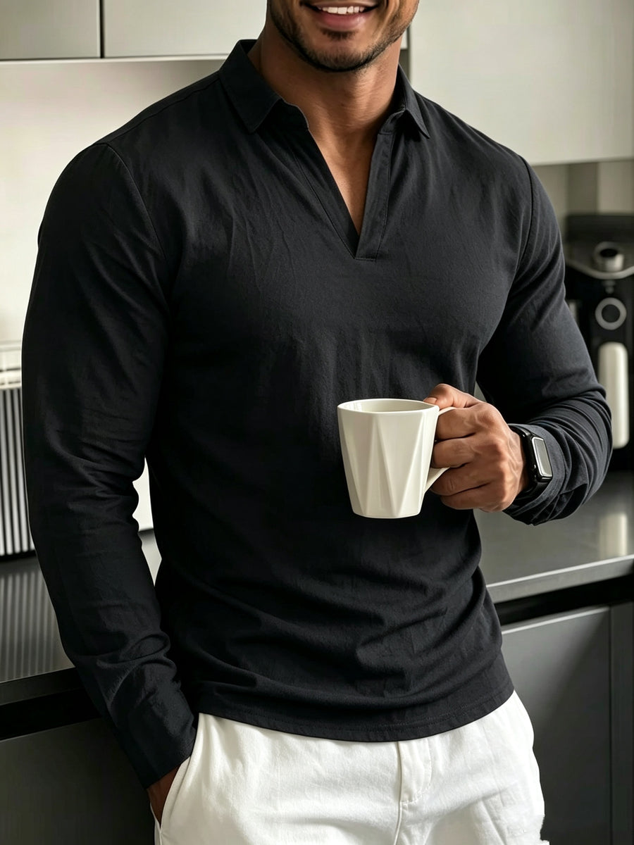 2026 Spring Autumn Men'S Casual Solid Color Lapel V-Neck Long Sleeve Men'S Western Casual All-Match Long Sleeve Top - Black