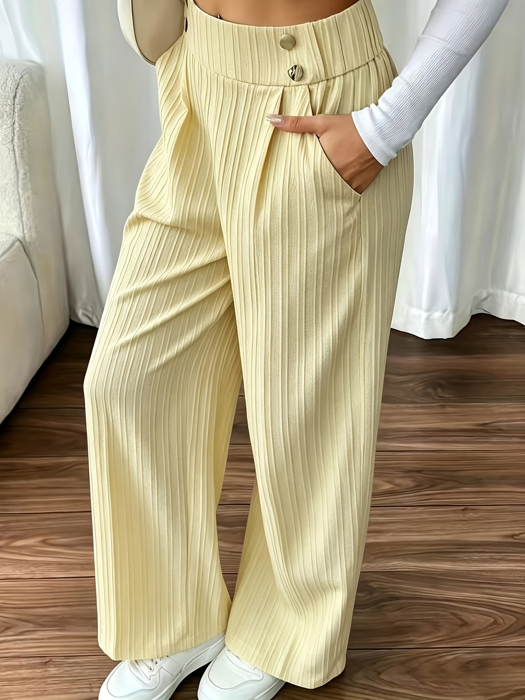 Women's Elegant Wide-Leg Pants with Textured Fabric - Machine Washable All-Season Trousers for Casual & Formal Wear - Yellow