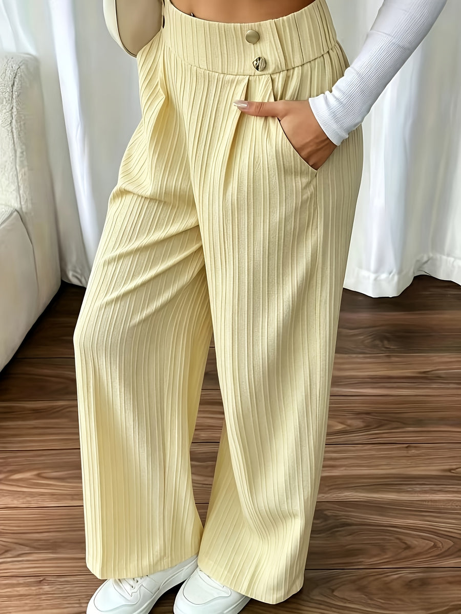 Women's Elegant Wide-Leg Pants with Textured Fabric - Machine Washable All-Season Trousers for Casual & Formal Wear - Yellow