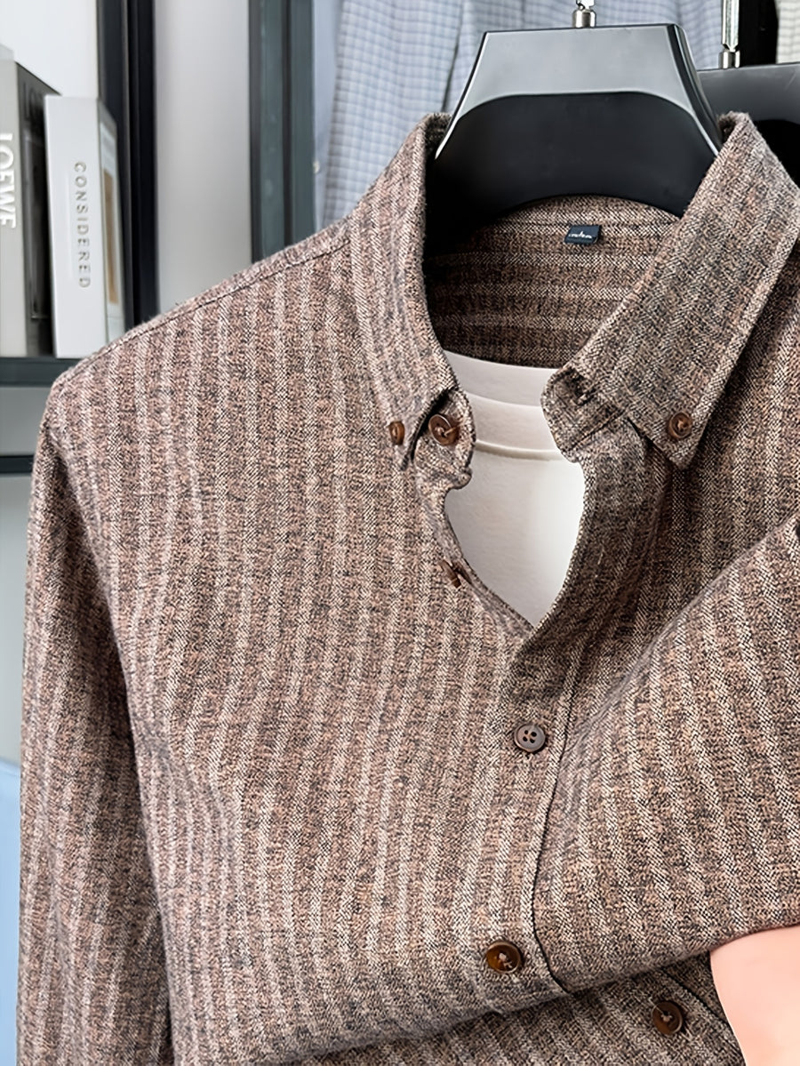 Men's Brushed Vertical Stripe Long-Sleeve Shirt, Vintage Vertical Stripes, Loose Casual Fit, Suitable for Autumn and Early Winter - SINBOS - Coffee Sticks