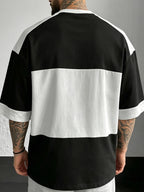 Black And White Striped Letter Print Men'S T-Shirt, American Street Style Short Sleeve, Spring Summer All-Match Oversized Top, Print Design - Not Texture - Mixed colors