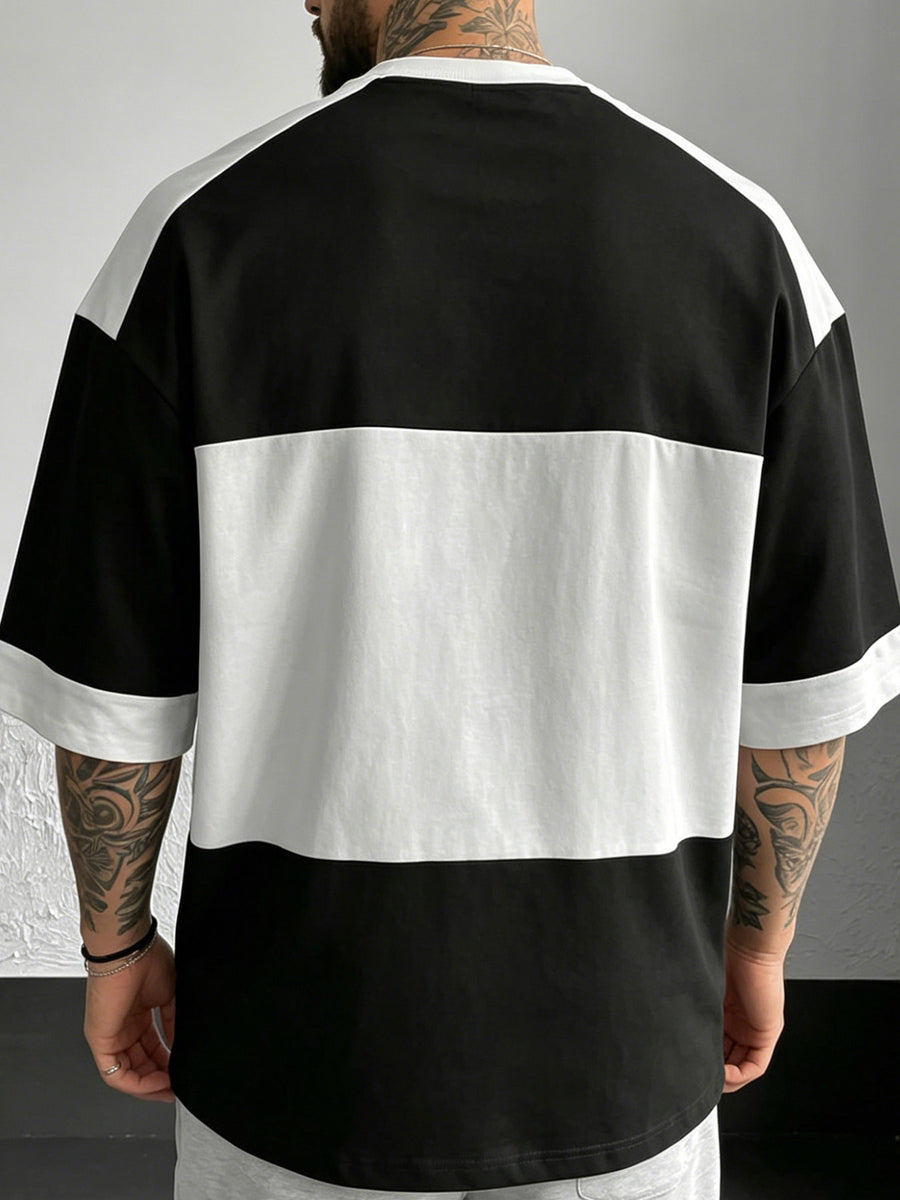 Black And White Striped Letter Print Men'S T-Shirt, American Street Style Short Sleeve, Spring Summer All-Match Oversized Top, Print Design - Not Texture - Mixed colors