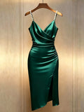 French-Style Elegant and Romantic Green Cross-neckline Slim-fit Dress, Adorned with Beaded Spaghetti Straps and Slit, New Women's Clothing; Green Satin Dress; Satin Slim-fit Dress; Body-hugging Slim-fit Slit Dress. Summer Dress, Summer Vacation Wear - Green