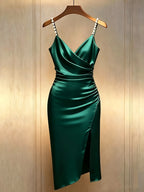 French-Style Elegant and Romantic Green Cross-neckline Slim-fit Dress, Adorned with Beaded Spaghetti Straps and Slit, New Women's Clothing; Green Satin Dress; Satin Slim-fit Dress; Body-hugging Slim-fit Slit Dress. Summer Dress, Summer Vacation Wear - Green