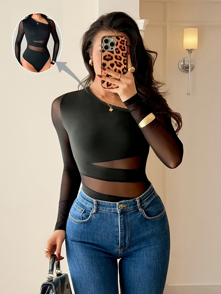 New Women'S Fashionable Solid Color Summer Elegant Sexy Asymmetrical Neckline Mesh Patchwork Long-Sleeved Bodysuit, Round Neck Bodysuit, Mesh Patchwork Slim Fit Bodysuit, Suitable for Women to Wear in Spring And Summer, See-Through Bodysuit - Black