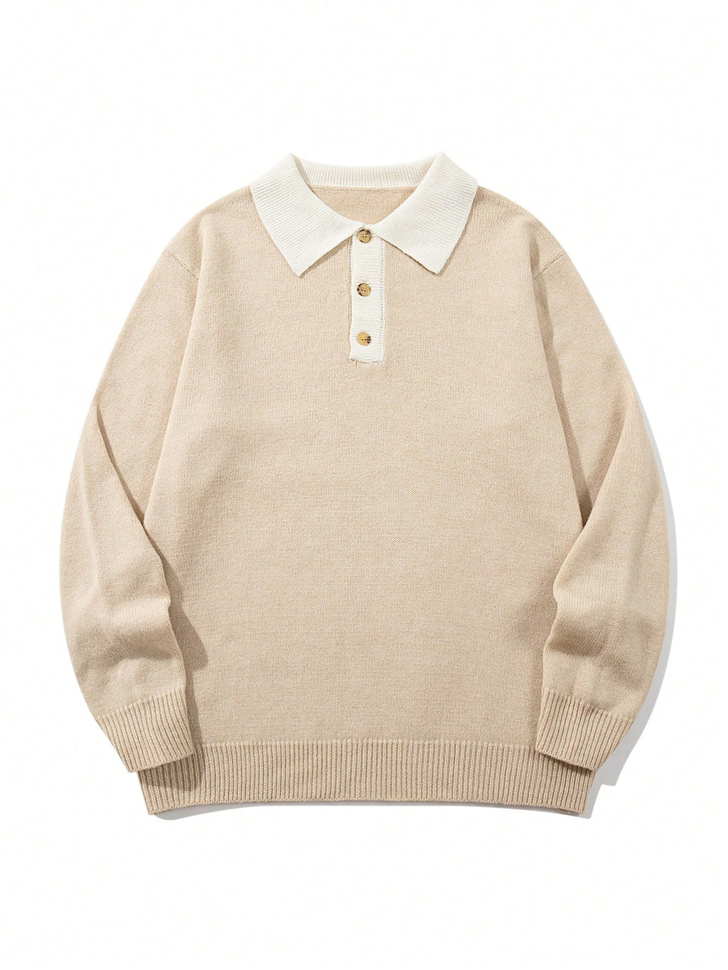 Autumn Winter Color-Block Polo Collar Campus Business Unisex Style Casual Commute Base Layer Layering Long Sleeve Pullover Sweater Knitwear - Khaki