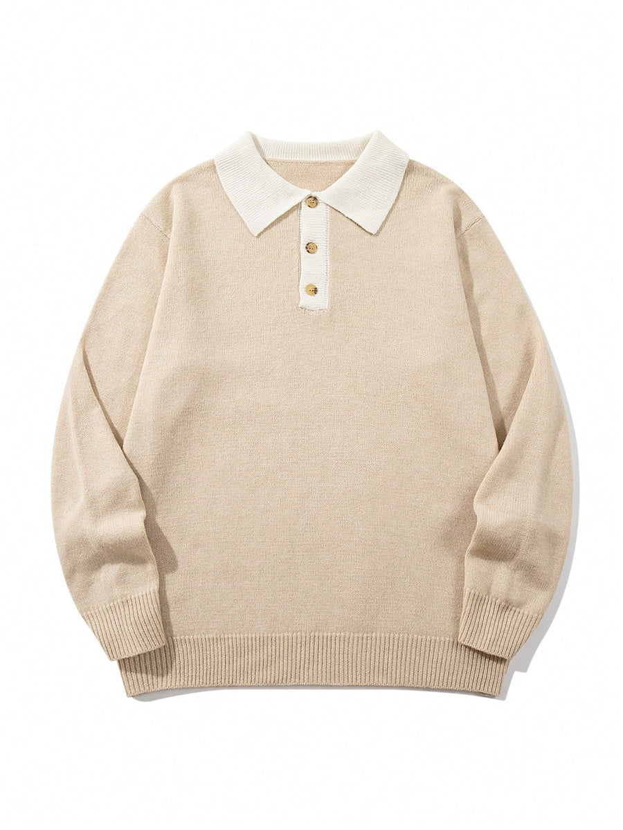 Autumn Winter Color-Block Polo Collar Campus Business Unisex Style Casual Commute Base Layer Layering Long Sleeve Pullover Sweater Knitwear - Khaki