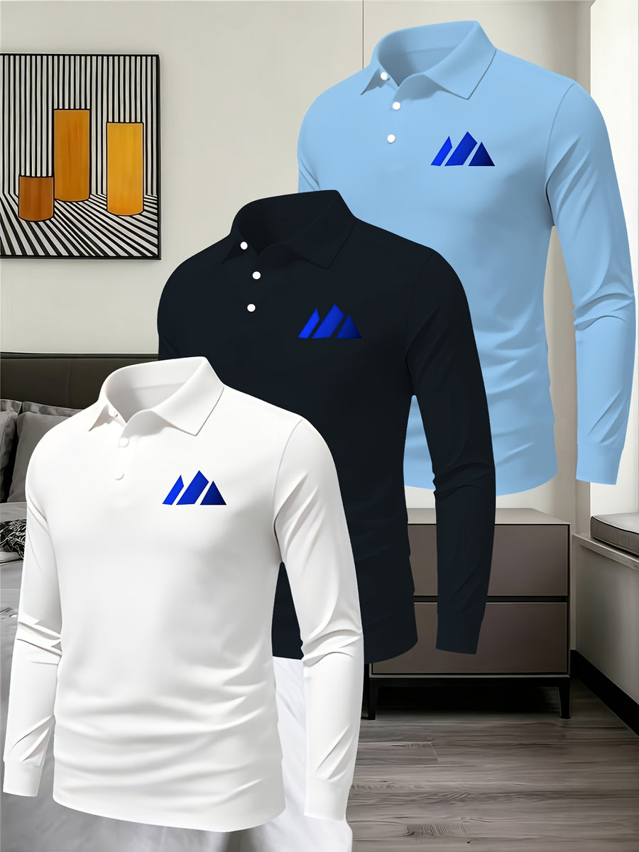 3pcs Solid Color Long Sleeve Lapel Polo Shirts for Young and Middle-Aged Men, Eyelet Lightweight Breathable Commuting Workwear Loose Fit Long Sleeve Base Layers - White Cangqing Sky Blue
