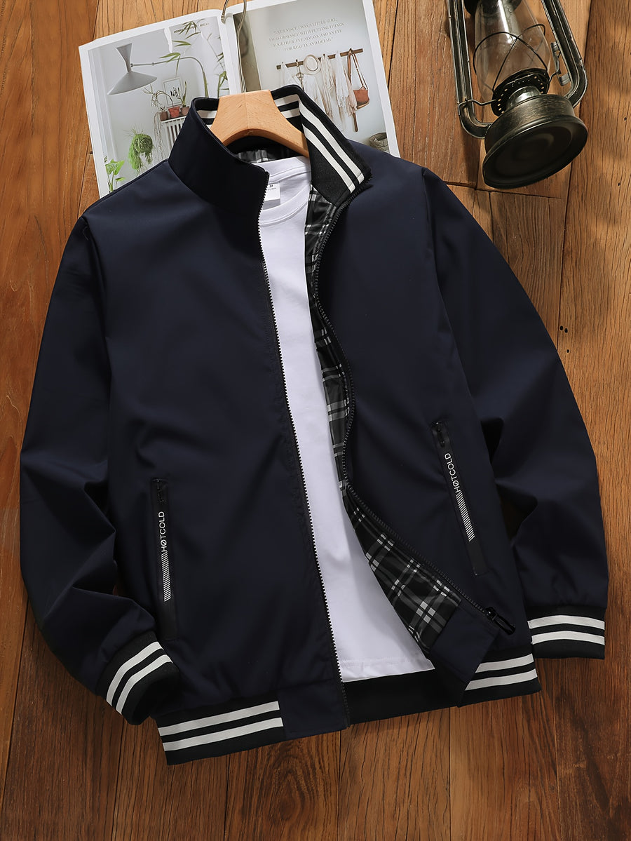 Spring/Autumn New Men's Flight Jacket, Casual Versatile Ribbed Hem Lightweight Stand Collar Coat - Blue