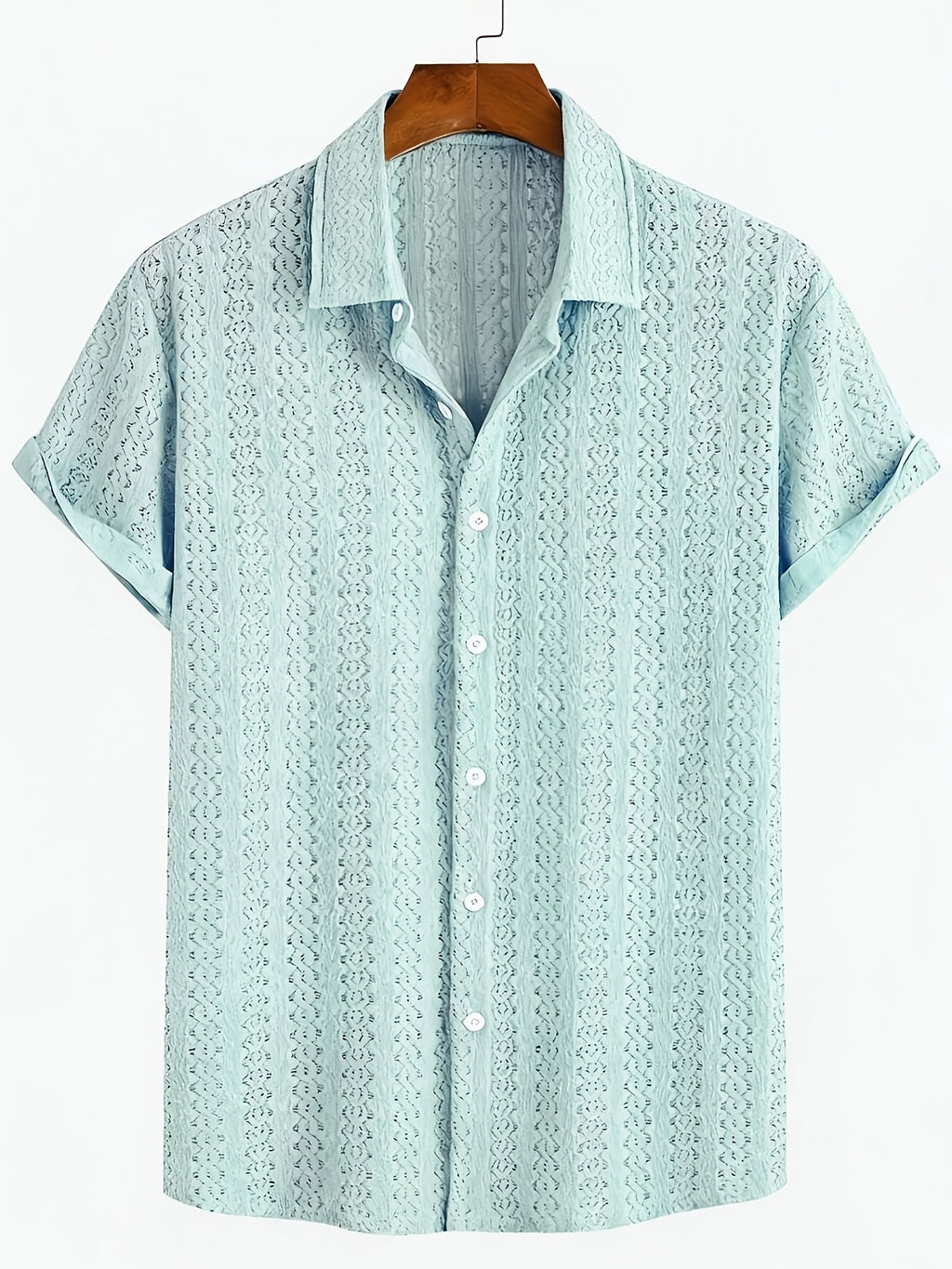 New Men's Solid Color Stretch Knit Openwork Plaid Jacquard Lapel Button- Casual Lightweight Shirt, Suitable for Daily Wear, Street Fashion, Summer, Autumn Menswear - Light Blue