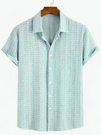 New Men's Solid Color Stretch Knit Openwork Plaid Jacquard Lapel Button- Casual Lightweight Shirt, Suitable for Daily Wear, Street Fashion, Summer, Autumn Menswear - Light Blue