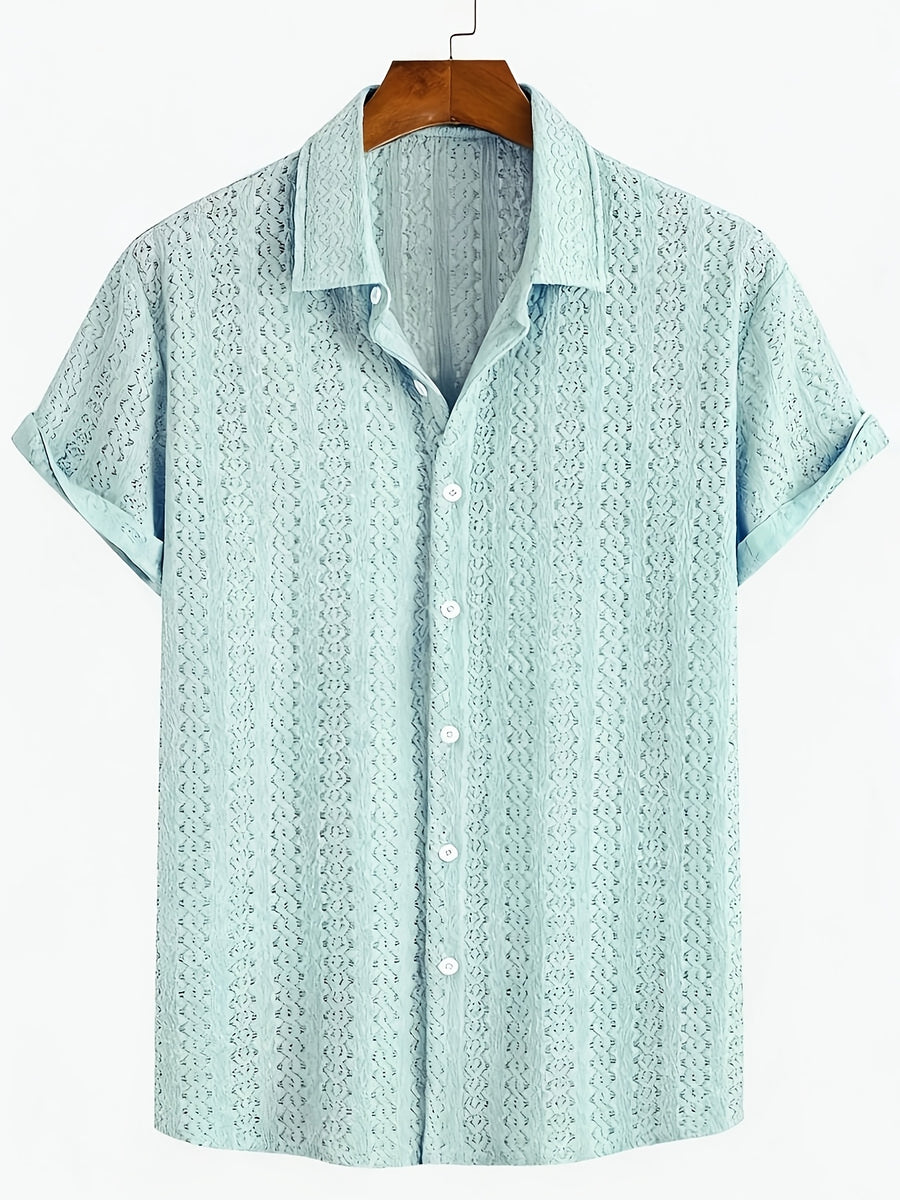 New Men's Solid Color Stretch Knit Openwork Plaid Jacquard Lapel Button- Casual Lightweight Shirt, Suitable for Daily Wear, Street Fashion, Summer, Autumn Menswear - Light Blue
