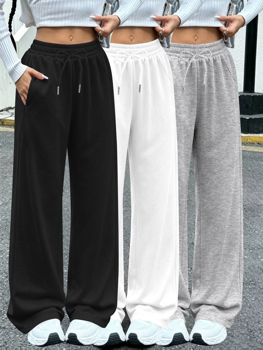 3pcs Women'S Jogging Pants, Elastic-Waistband Wide-Leg Casual Pants with Side Pockets, Light Sweatpants, Suitable for Daily And Formal Wear, Machine-Washable Non-Sheer Fabric, Joggers - Black+White+Grey