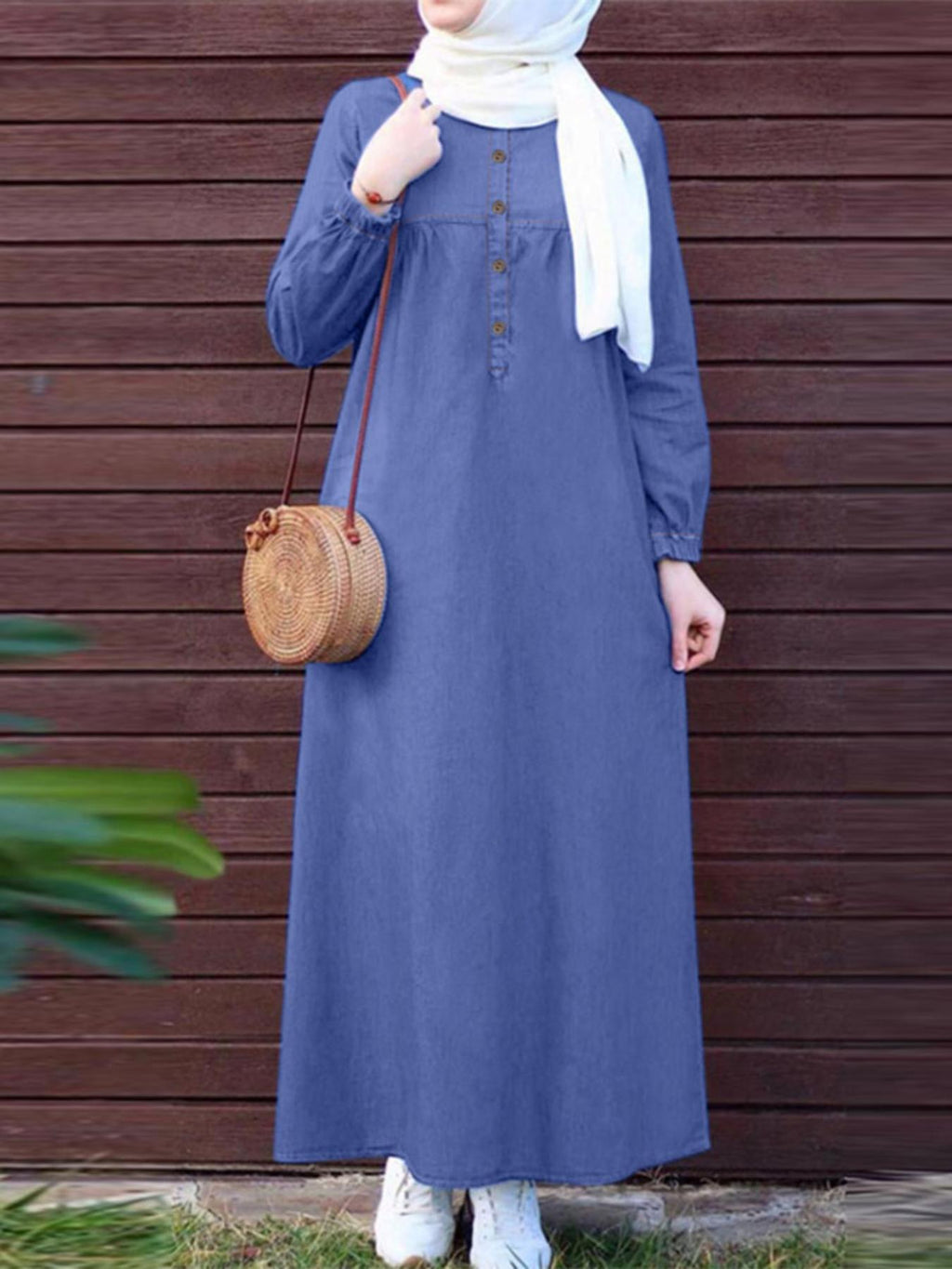 Women Street Style Oversized Muslim Kaftan Long Sleeve Round Neck Button-Up Shirt Dress Solid Color Daily Holiday Casual Loose Thin Maxi Dress Long Dresses - Blue