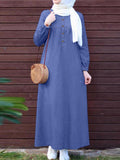 Women Street Style Oversized Muslim Kaftan Long Sleeve Round Neck Button-Up Shirt Dress Solid Color Daily Holiday Casual Loose Thin Maxi Dress Long Dresses - Blue