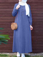 Women Street Style Oversized Muslim Kaftan Long Sleeve Round Neck Button-Up Shirt Dress Solid Color Daily Holiday Casual Loose Thin Maxi Dress Long Dresses - Blue