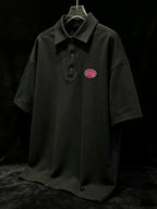Men's Solid Color Short Sleeve Polo T-Shirt, Summer Loose Fit Versatile Half-Sleeve Lapel Shirt, Ins Korean Style Trendy Embroidered Top - Black