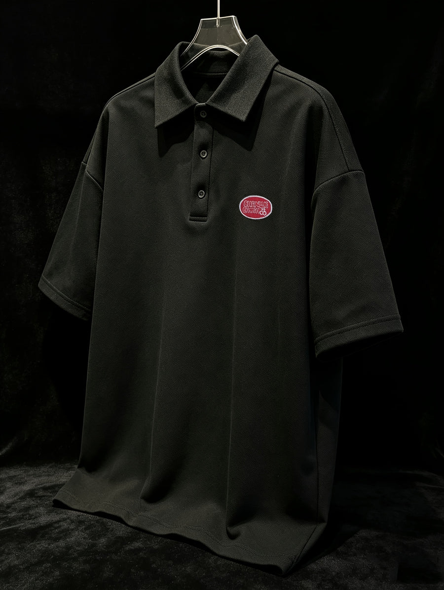 Men's Solid Color Short Sleeve Polo T-Shirt, Summer Loose Fit Versatile Half-Sleeve Lapel Shirt, Ins Korean Style Trendy Embroidered Top - Black