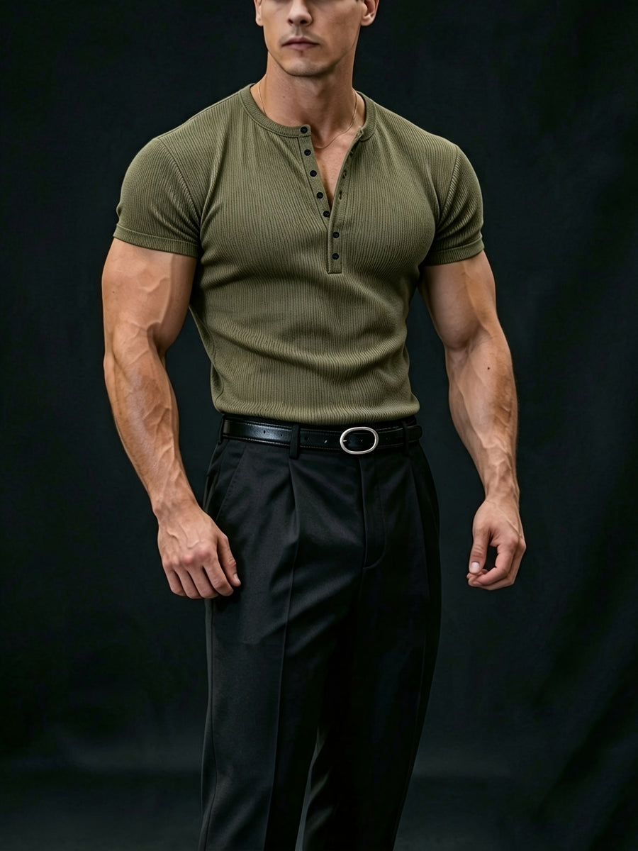 American Vintage Henley Knit Short Sleeve Top, Men'S Slim Fit T-Shirt, Square Shoulder Cut Enhances Shoulder Lines, Vertical Striped Elastic Fabric Moisture-Wicking And Breathable, Suitable for Commuting Office, Fitness Training, Travel Vacation - Military Green