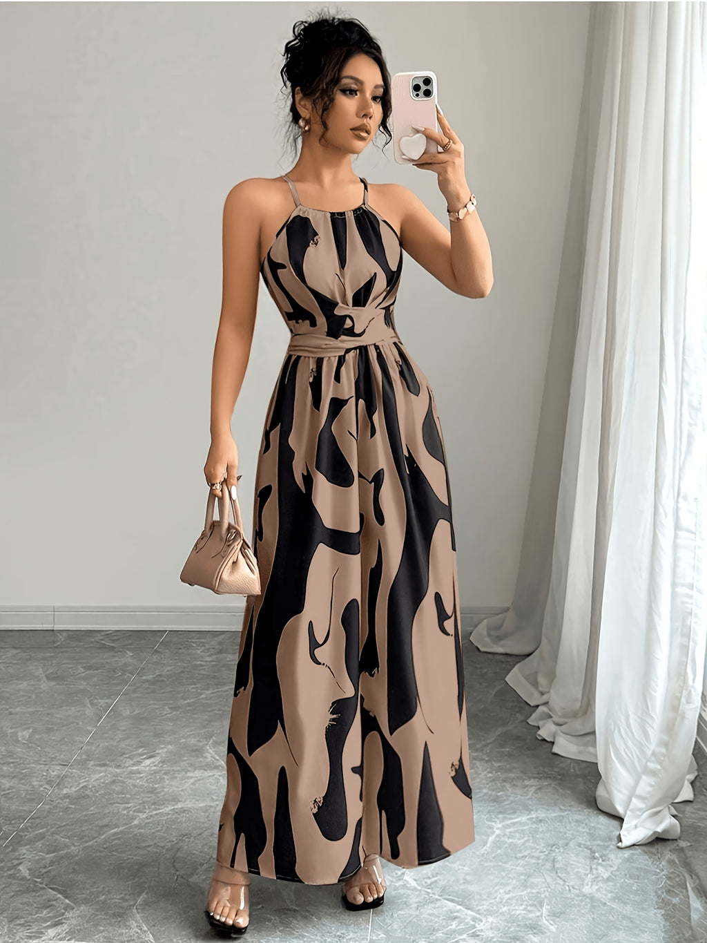 Elegant Fashion Printed Long Dress, Women'S Fashion Elegant Backless Strappy Bare Waist Twisted Asymmetrical Contrast Dress, Spring Summer Style - Mixed colors