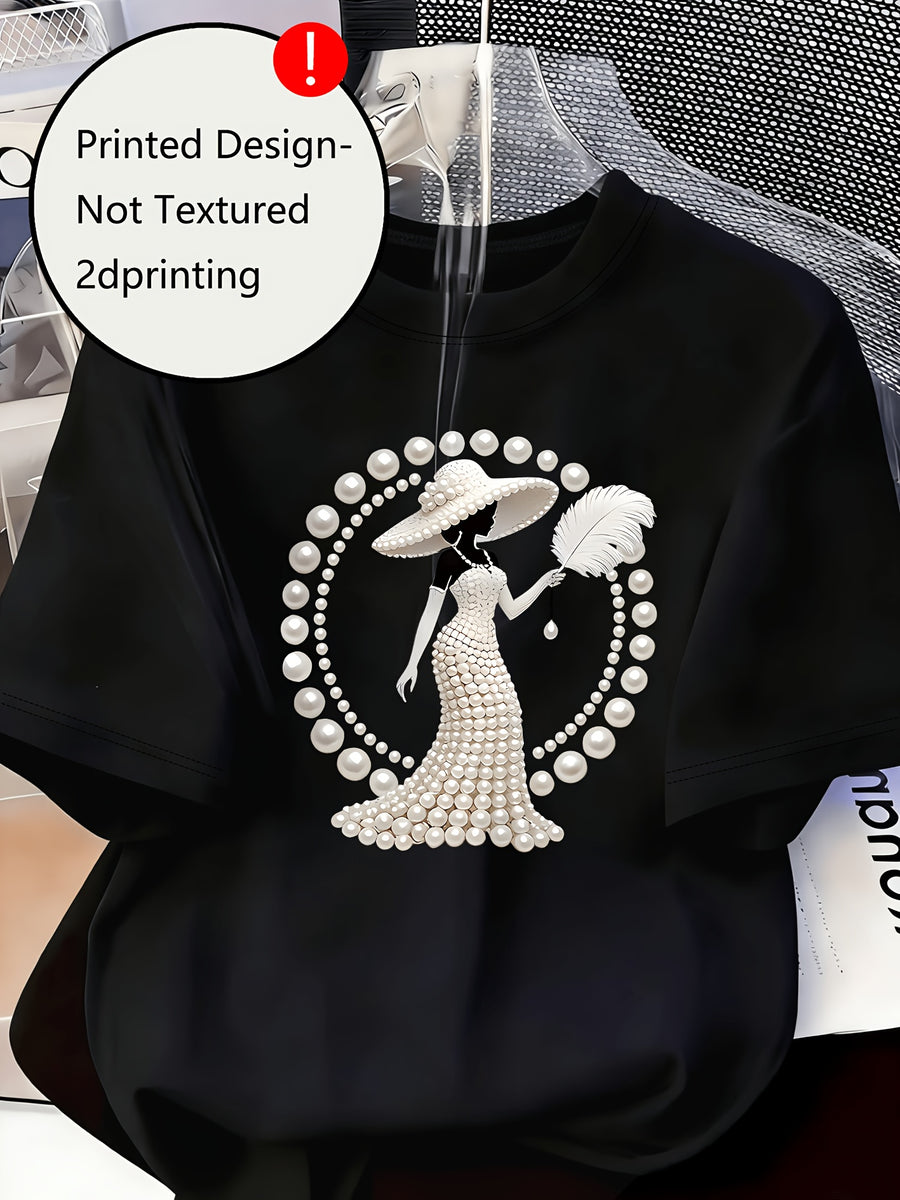 Printed Design Casual Crew Neck T-Shirt, Spring/Summer Fashion Women's T-Shirt [Printed Design – Not Textured] - Black