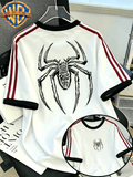 Warner Bros Official Men's 100% Pure T-Shirt with Contrast Ribbed Collar and Double Stripes, Casual Short-Sleeve Top. Features a Trendy, Cool American-style Spider Hand-drawn Line Art and Fun Slogan Print. Made of Pure for Casual Comfort - White