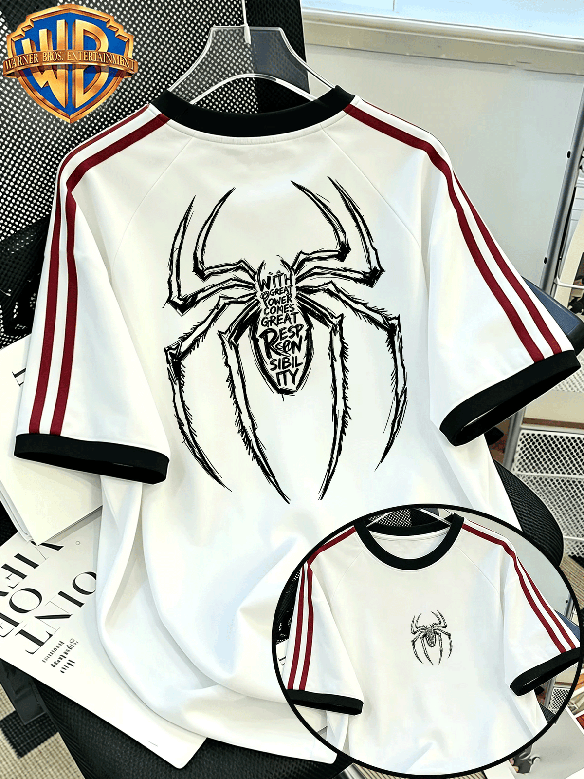Warner Bros Official Men's 100% Pure T-Shirt with Contrast Ribbed Collar and Double Stripes, Casual Short-Sleeve Top. Features a Trendy, Cool American-style Spider Hand-drawn Line Art and Fun Slogan Print. Made of Pure for Casual Comfort - White