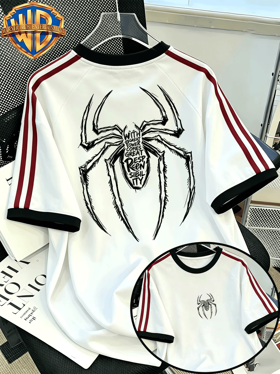 Warner Bros Official Men's 100% Pure T-Shirt with Contrast Ribbed Collar and Double Stripes, Casual Short-Sleeve Top. Features a Trendy, Cool American-style Spider Hand-drawn Line Art and Fun Slogan Print. Made of Pure for Casual Comfort - White