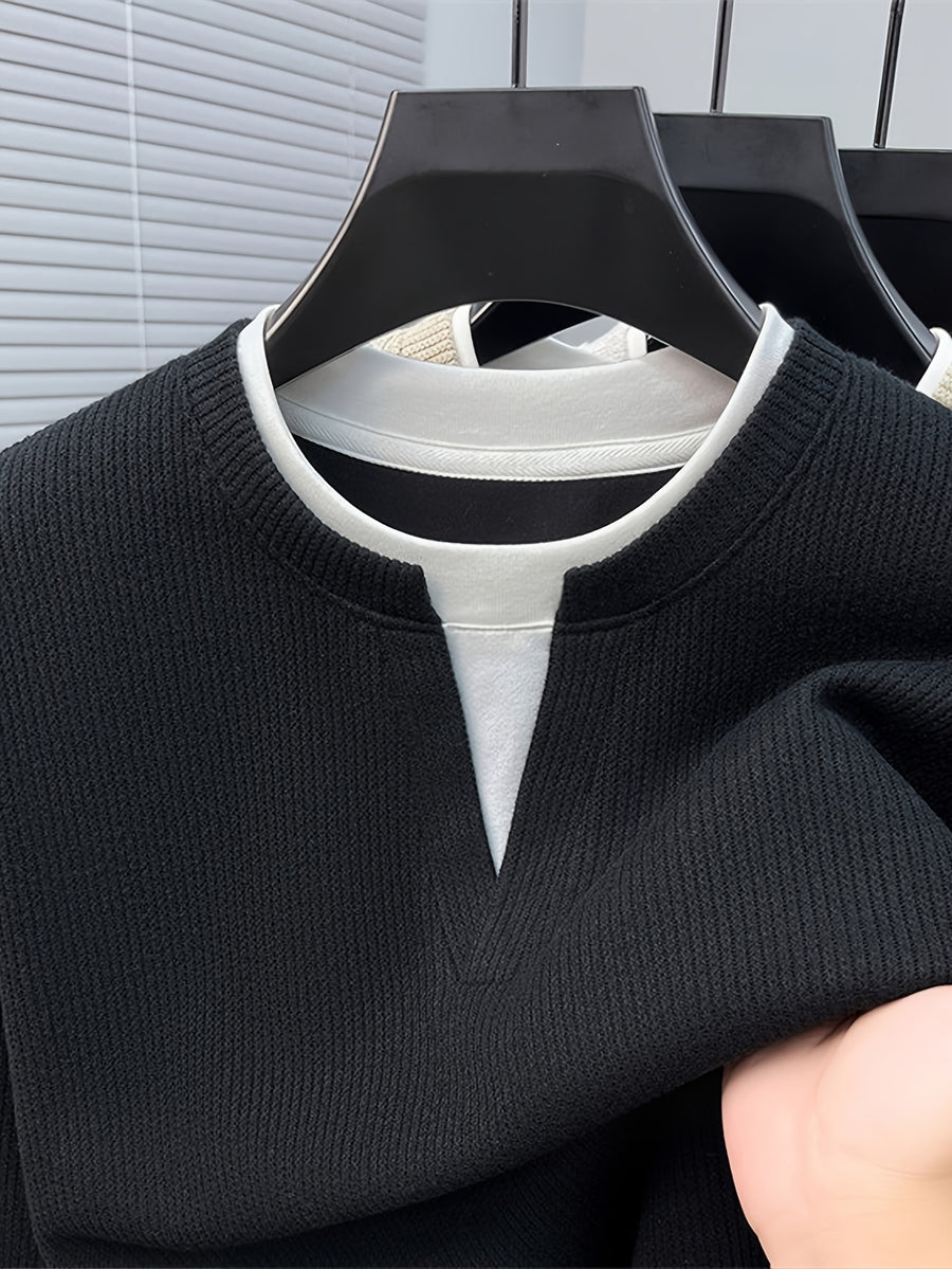 Men's Vertical Stripe V-Neck 2-in-1 Look Long-Sleeve Pullover Top, Regular Shoulder Long Sleeves, Ribbed Cuffs and Hem, Can Be Worn Alone or as a Layering Piece - SINBOS - Blue Black