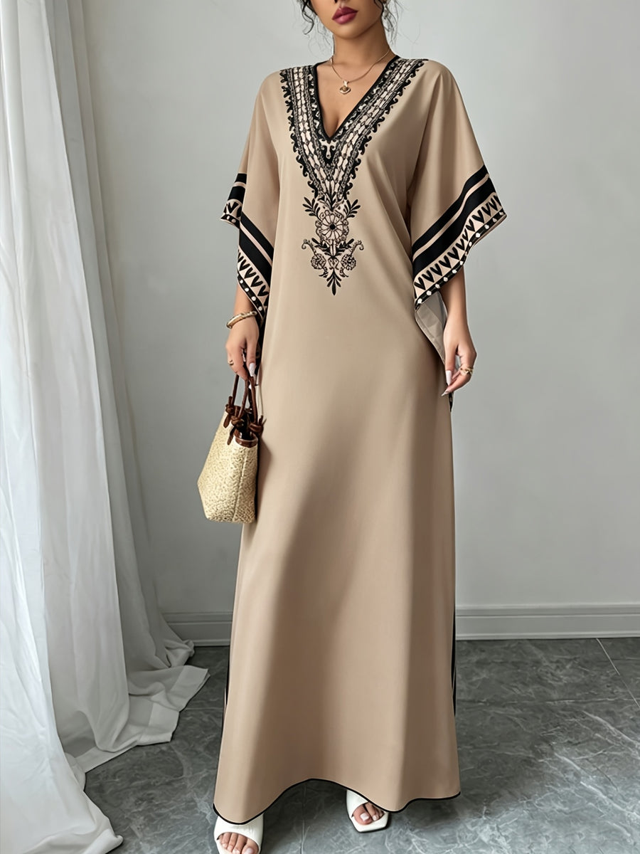 Elegant Middle Eastern Style V-Neck Batwing Sleeve Turkish Robe Dress - Long Loose Side Slit Design, Machine Washable for Spring Summer Fall Casual And Formal Wear, Tassel Fabric Soft And Breathable, Bohemian Vacation Style - Camel